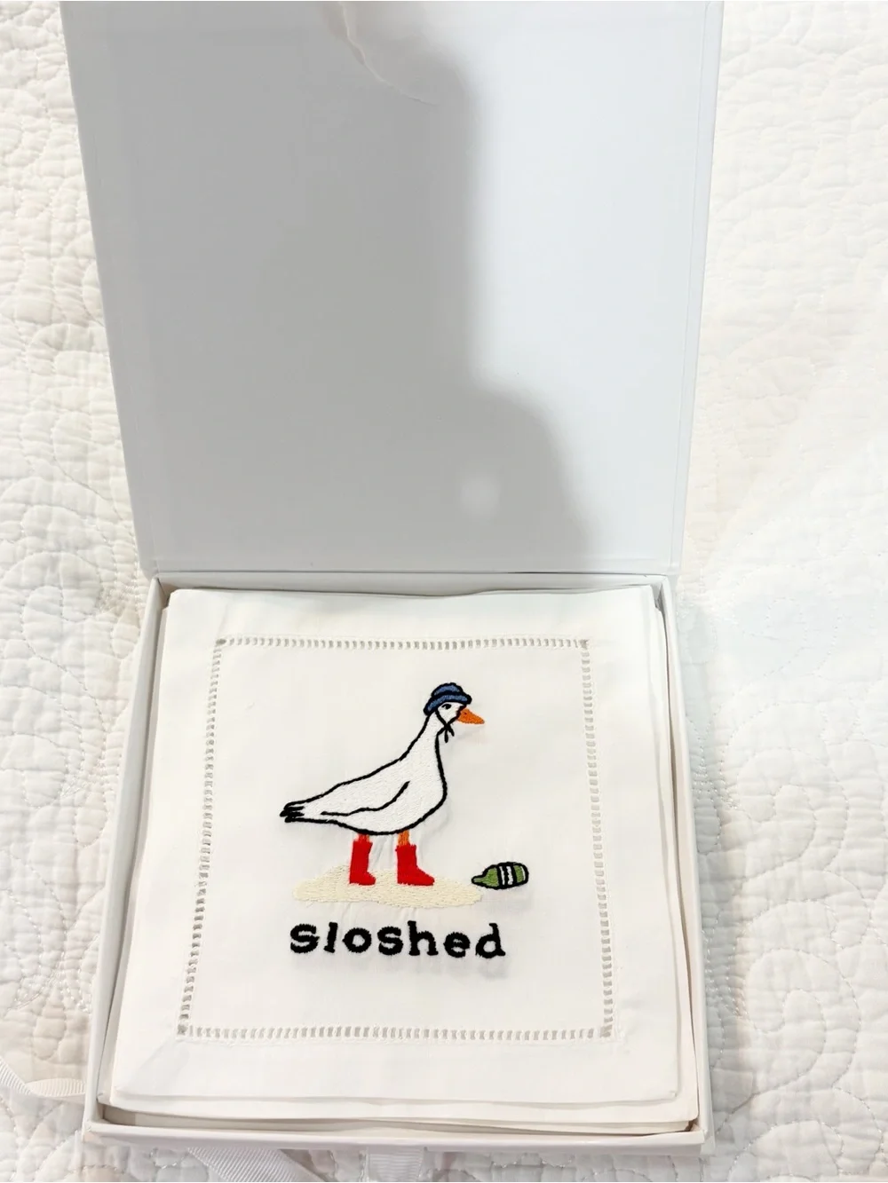 August Morgan Set of 4 Embroidered Sloshed Duck Cocktail Napkins NWT